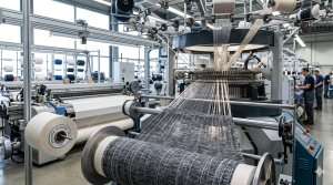 Obraz przedstawia techniczne aspekty produkcji tkanin z dodatkiem elastanu